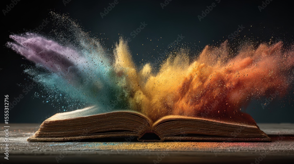 Poster open book with colorful powder clouds explosion against dark background shows imagination, creative,