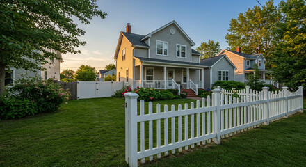 A residential neighborhood featuring a gray house with a white picket fence and green lawn at sunset light
