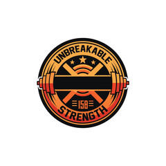 Circular Iron Gym Plate Logo Design with “Unbreakable Strength” Motto for Fitness, Bodybuilding, and Workout Brands
