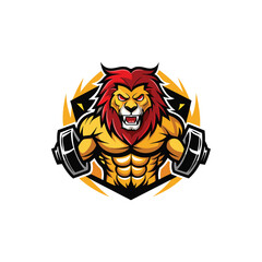 Angry lion logo with six-pack abs and gym weight plates in mane, strong fitness mascot