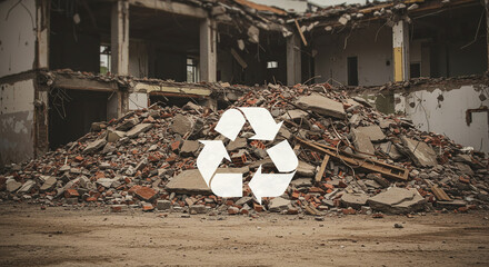 A demolition site with a pile of rubble and a recycle symbol overlayed in the foreground center view