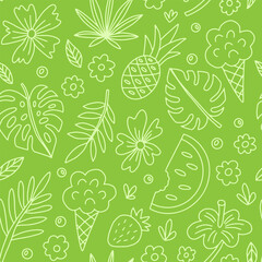 simple flat green summer floral and fruit seamless pattern, vector illustration.