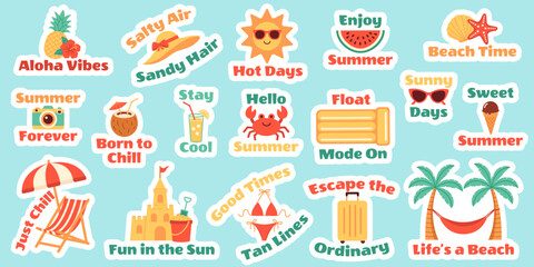 Cute flat vector set of colorful summer stickers with quotes. Sun, ice cream, hat, hammock, float, fruits. Cartoon icons elements for summer vacation, beach, scrapbooking, holiday, card, tropical.
