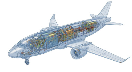 Airplane cross section illustration transparent design showcasing engine parts aviation structure