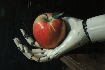 Futuristic robot hand holding a red apple