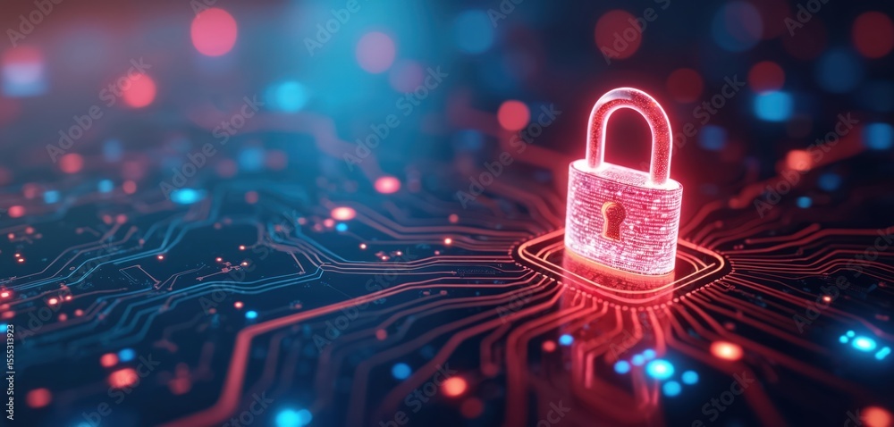 Wall mural digital security concept padlock icon on circuit board. secure connection, data protection, cyber sa