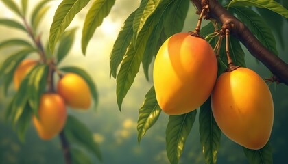 Close-up illustration mango tree with ripe fruits. Tropical delight, juicy organic food. Farming, agriculture, horticulture theme. Healthy eating and vitamin rich tropical harvest.