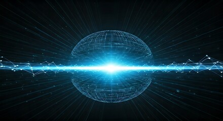 Glowing Blue Network Sphere with Data Stream: A futuristic representation of global connectivity and digital information flow.