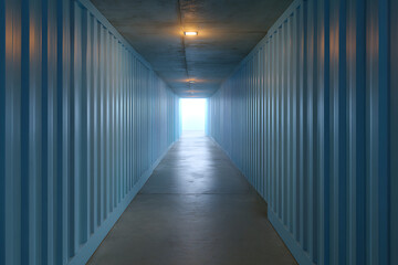 Fototapeta premium Light blue corrugated hallway with concrete ceiling
