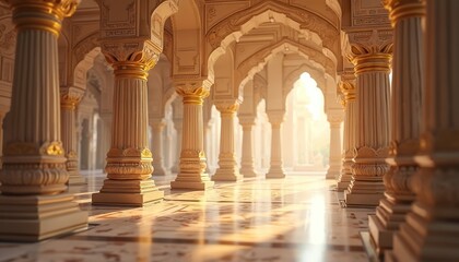 Illustration of Indian temple interior. Golden pillars, arches, detailed ornamentation. Muted colors, soft light create peaceful, spiritual atmosphere. Ancient architecture, perfect for travel,