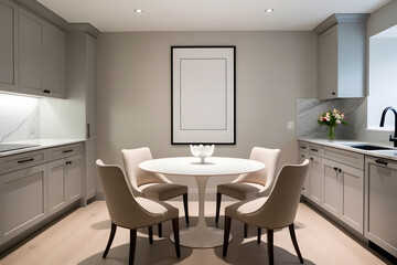 Fototapeta premium Modern kitchen dining area with a round table four upholstered chairs and a vase of flowers on the counter