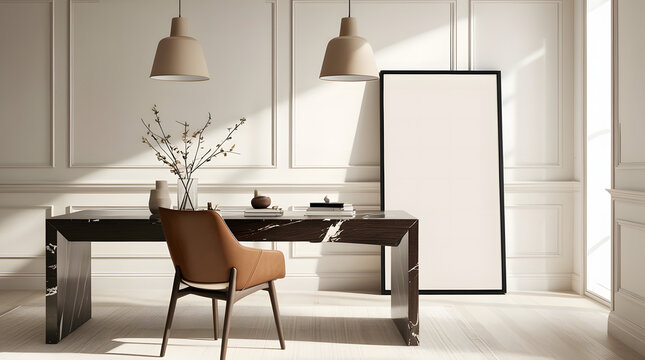 Modern minimalist home office with a marble desk and leather chair bathed in natural light