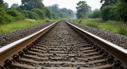 Fototapeta premium Ground Level View of Railroad Tracks Leading to Distant Signal Light