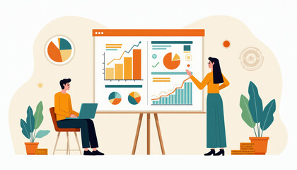 Illustration dashboard dialogue. Two people analyse charts graphs diagrams on whiteboard. Man works on laptop. Woman presents business data. Analytics, statistics, marketing plan, finance report.