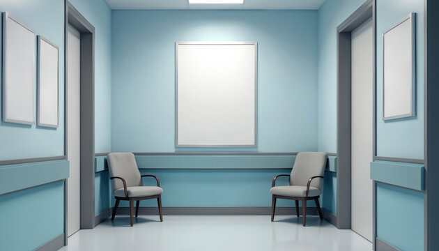 Empty hospital waiting room poster mockup. Two comfortable chairs for patients. Blank template frames on light blue walls, medical modern design. Advertisement area, healthcare, clinic. - Powered by Adobe