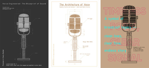 A triptych of microphone posters visualized as technical blueprints. Retro form meets acoustic precision—where vintage voice tools are rendered with modern graphic clarity and vector detail.