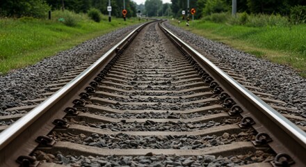 Obraz premium Ground Level View of Gently Curving Railroad Tracks Disappearing into the Distance