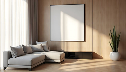 Elegant curved sofa in a bright modern living room with natural light and neutral decor