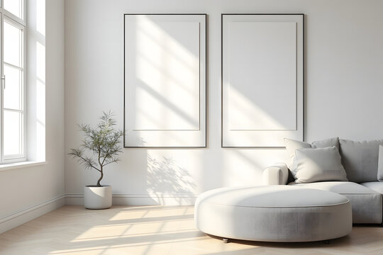 Modern curved sofa in a bright living room with large windows and minimalist decor