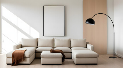 Modern living room with a comfortable sectional sofa a blank framed picture and a stylish arc floor lamp