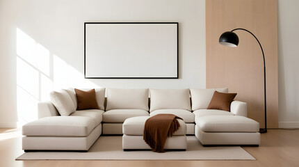 Modern living room with a spacious sectional sofa ottoman and arc floor lamp