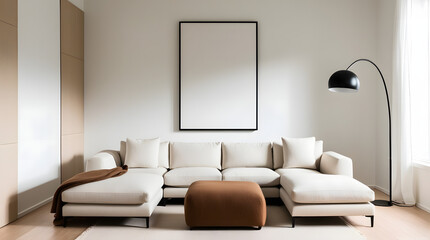 Modern living room with a large sectional sofa ottoman floor lamp and blank picture frame