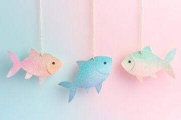 Pastel hanging paper fish on soft gradient background