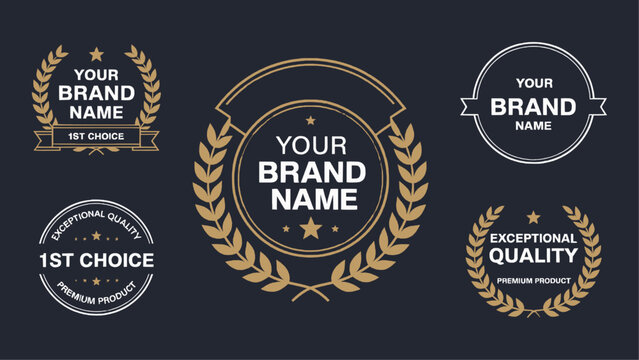 Premium Brand Label Badge Collection with Laurel Wreaths and Gold Accents for Logo Design, Product Quality Seals, Business Branding, Luxury Certificates, and Professional Identity Templates