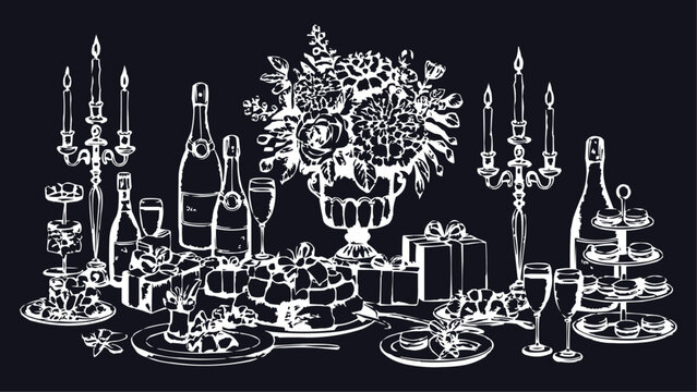 Elegant Vintage Banquet Table Illustration with Candles, Champagne, Floral Centerpiece, and Gourmet Food in Hand-Drawn Style for Wedding Invitations, Luxury Events, Fine Dining, and Celebration Design