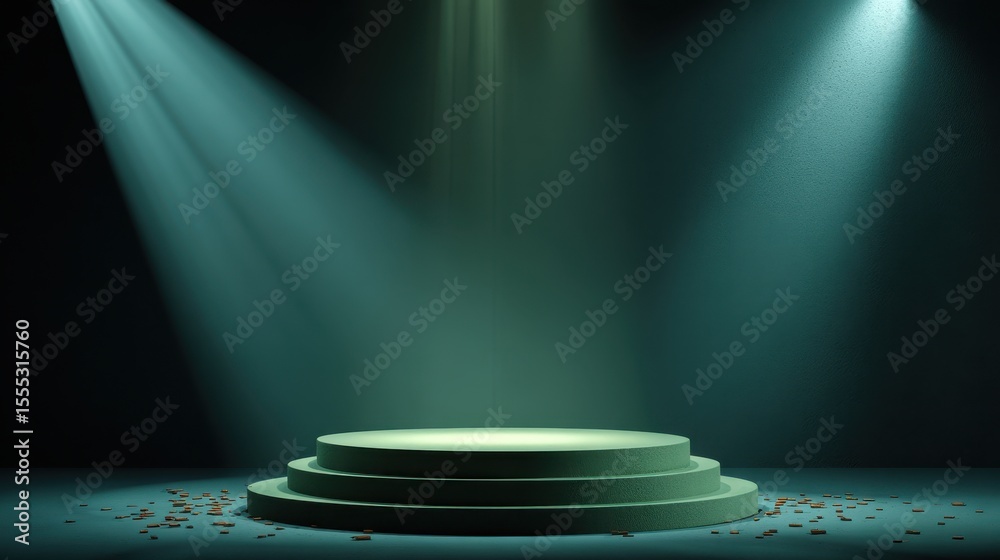 Poster empty three tiered stage platform under blue spotlights for product display and presentation, with g