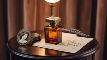 Vintage perfume bottle, cameo, and "Forever yours" note on a dark wooden table with soft lighting.
