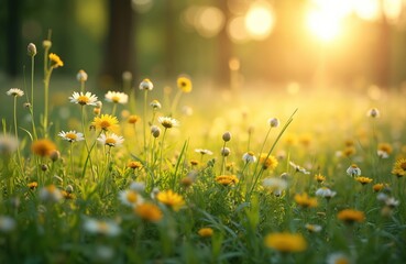Charming meadow scene with small flowers, green grass, golden light. Yellow, white blossoms in field illuminated by sun. Tranquil scenic visuals create idyllic, dreamlike atmosphere, evoking sense of