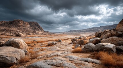 Desert landscape with dramatic sky in sinai peninsula, egypt during daytime shows mountains and rugged terrain