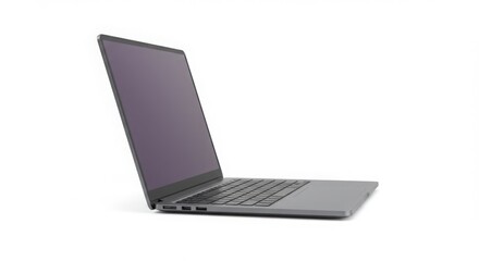 Gray laptop computer with an open lid and blank screen. Modern technology for remote work and digital education.