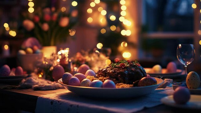 An inviting Easter table with a variety of sweet and savory dishes, set against the backdrop of festive candlelight. A joyful holiday feast scene.