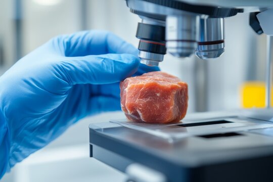 Scientist examining raw meat sample under microscope