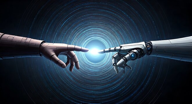 Artificial Intelligence: A Robotic Hand Reaches Out to Touch a Human Hand in a Digital Universe of Binary Code