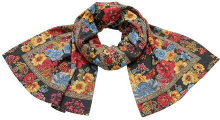Dark fabric scarf with a colorful floral pattern and decorative border. Elegant accessory for women's fashion and style.