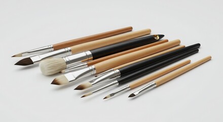 Set of assorted artist brushes with wooden handles for painting, calligraphy, and fine art. Art supplies for creativity.
