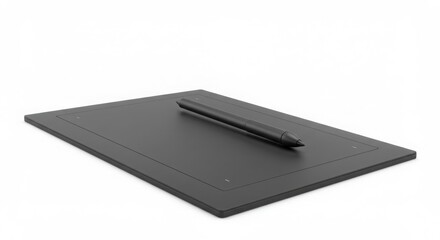 Black graphic tablet with a pen on white background. Digital drawing pad for artist and designer. Creative illustration device concept.