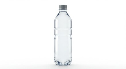Clear plastic water bottle with plain silver cap standing on white background, still life for healthy drink or liquid product concept.