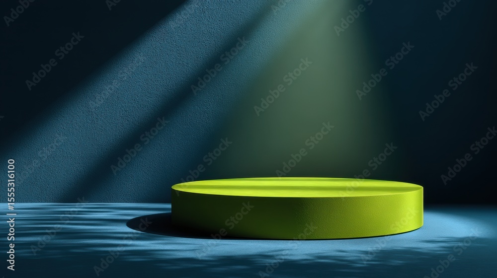 Poster empty three tiered stage platform under blue spotlights for product display and presentation, with g