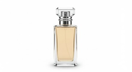 A clear glass transparent bottle with a gold or amber colored perfume or fragrance liquid shown on a white background.