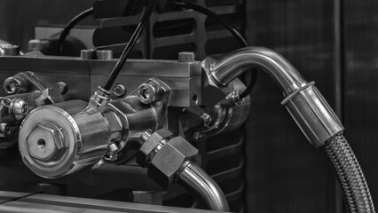 large metalworking machine with hydraulic or pneumatic drive pipes with many parts, industrial...