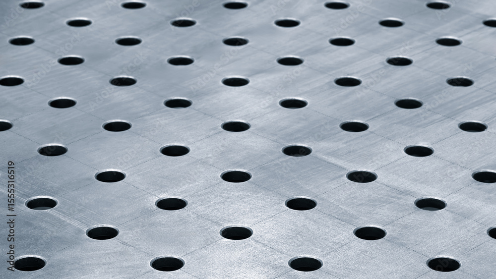 Poster a close up of blue metal surface with many small holes. holes are evenly spaced and surface is shiny