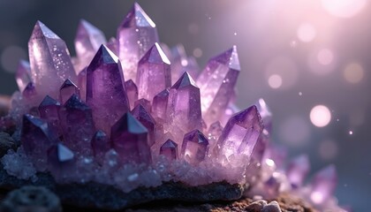 Amethyst crystal cluster illustration, podcast art. Vivid purple crystals, gemstones with artistic details. Spiritual, natural themes. Mineral stone. Meditation, healing, energy, relaxation. Ambiance