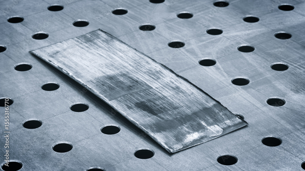 Aufkleber a metal sheet with a hole in it. the sheet is silver and has a lot of holes in it, ndustrial concept