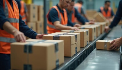 Delivery workers sorting packages logistics center. Men wear vests. Conveyor belt system transports cardboard boxes. Teamwork ensures efficient parcel arrangement distribution. Packing, shipping,