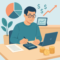 Flat vector illustration of man working with calculator and laptop at desk. Financial analysis, accounting, money management, budget planning.