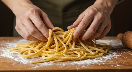 Hands Gently Gathering Fresh Homemade Pasta on Floured Wooden Board